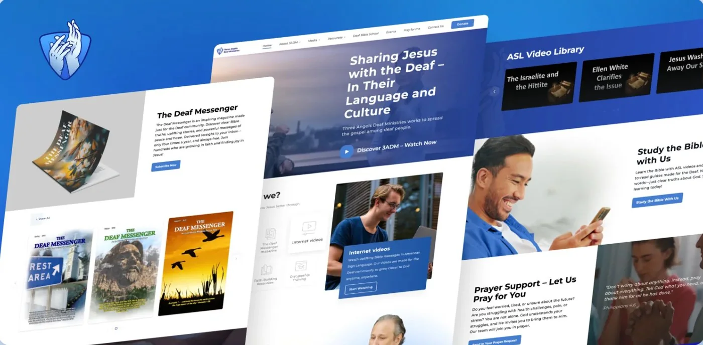 Pages of the Three Angels Deaf Ministries website: home, ASL video library, Bible study and the Deaf Messenger