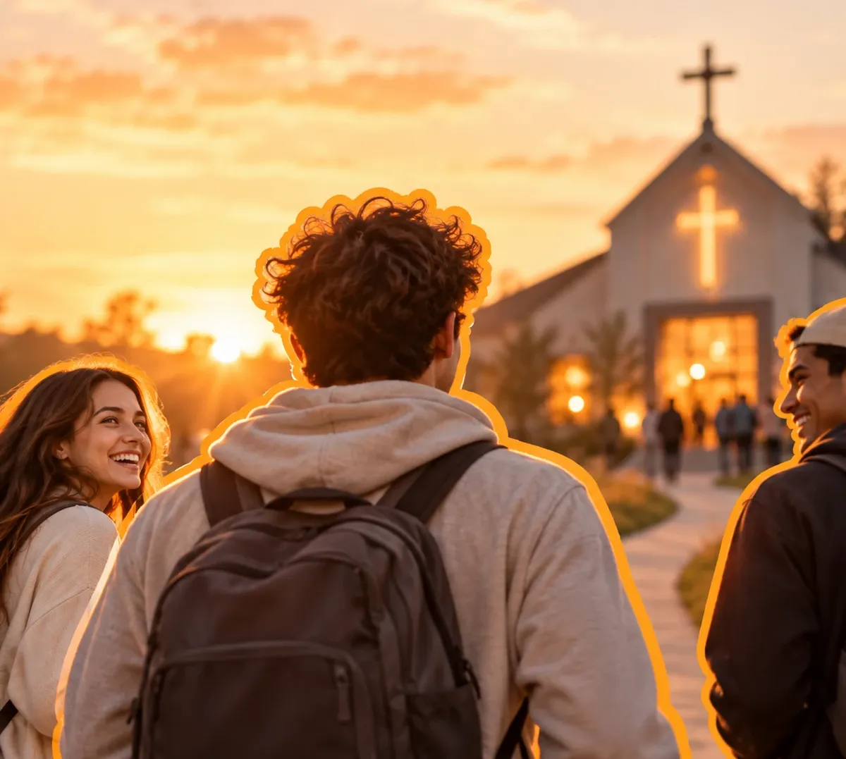 Three young people walking up to a church at sunset, for the ALIVE Bible course