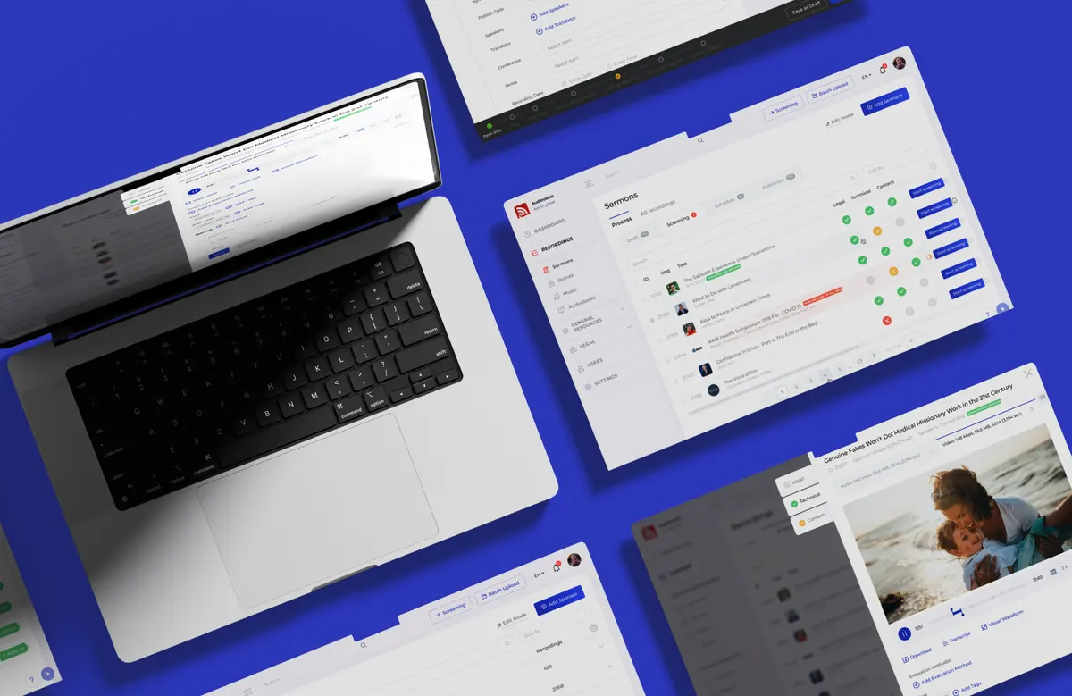 The rebuilt AudioVerse admin panel: the sermons list with legal, technical and content checks, and a recording open for review