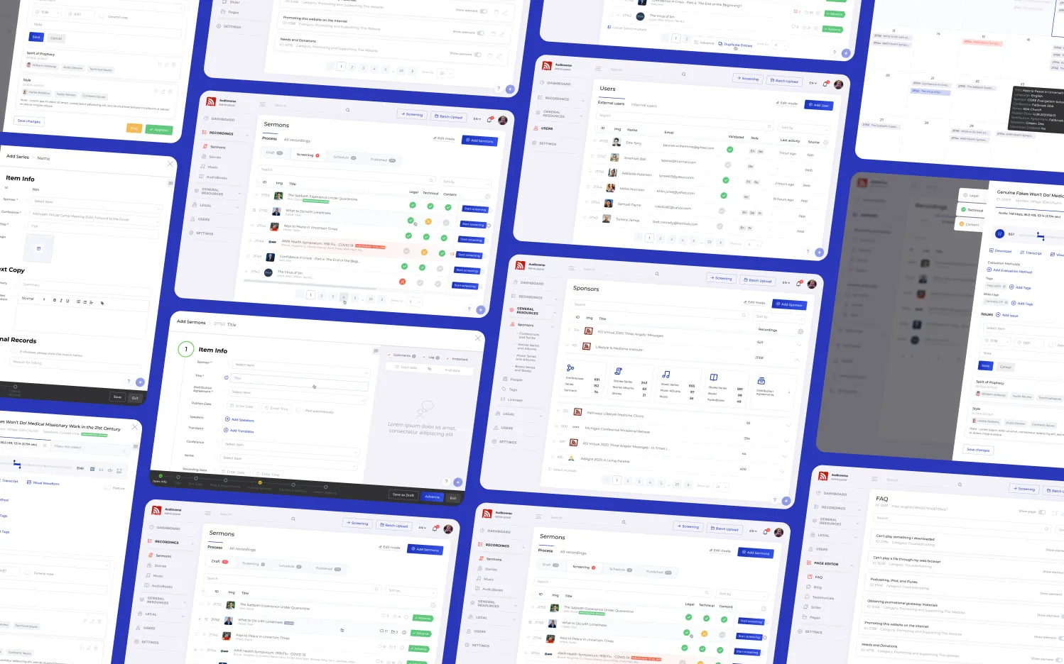 A grid of AudioVerse admin screens: sermons, users, sponsors, page editing, a calendar and a recording being reviewed