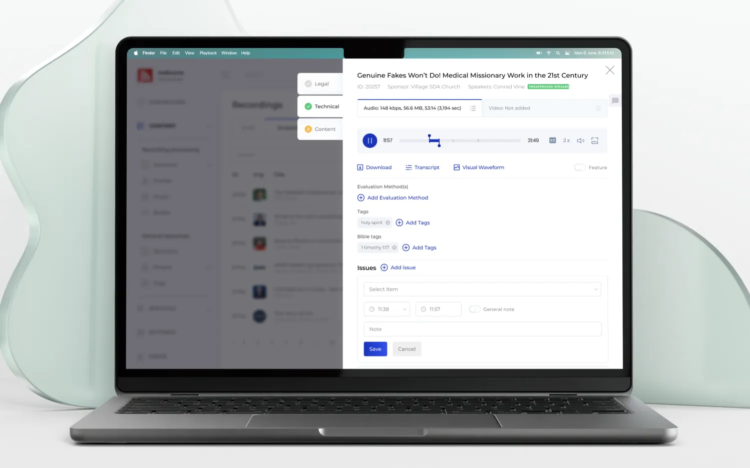 A recording open for review on a laptop: legal, technical and content checks, the audio player, tags, Bible tags and an issue noted at a timestamp