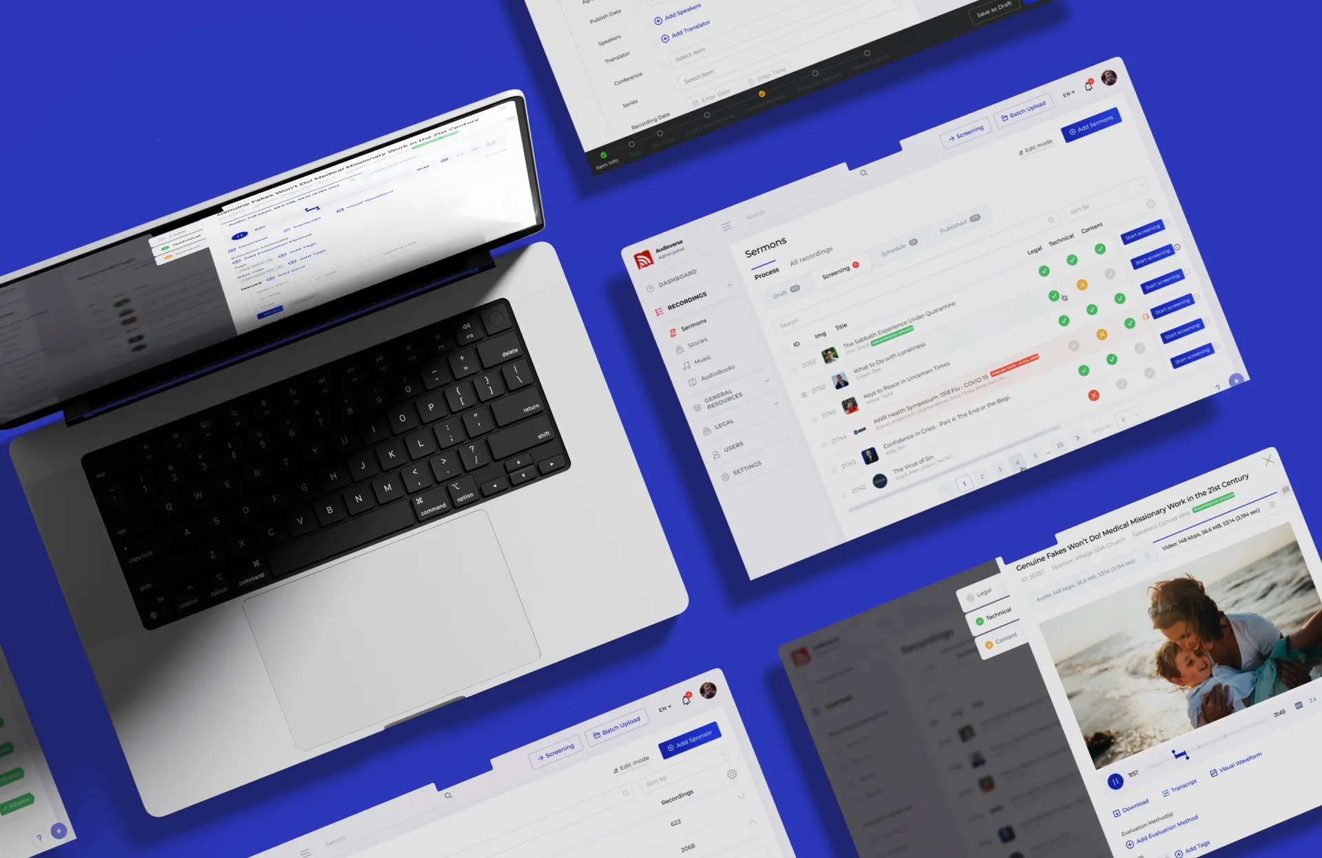 The rebuilt AudioVerse admin panel on a laptop and in separate screens: the sermons list with legal, technical and content checks, and a recording open for review