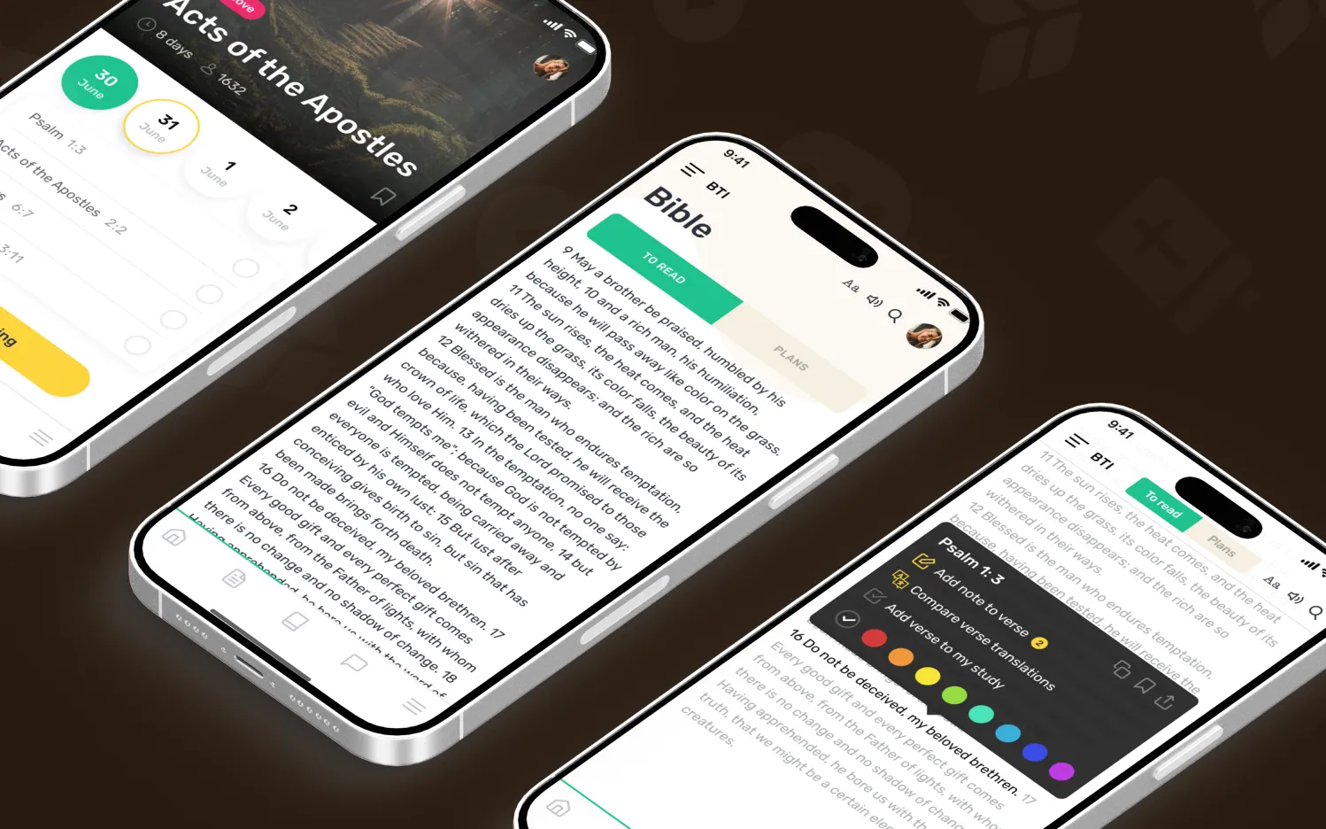 The Bible inside the Sabbath School app: a chapter open to read, and a verse selected with options to add a note, compare translations or add it to a study