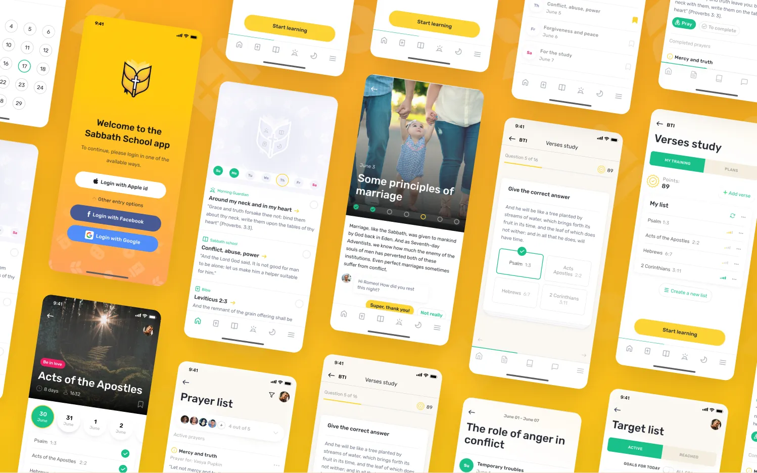 Sabbath School app screens: the daily steps for the morning watch, the lesson and the Bible, verse study, a prayer list and lesson calendars