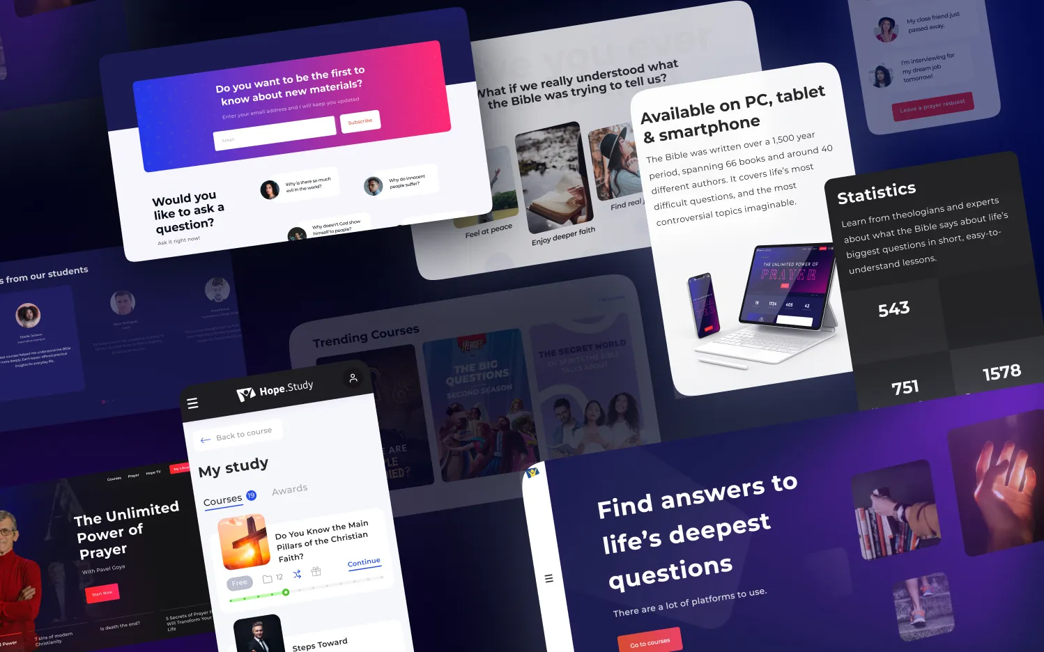 Hope.study screens on desktop and phone: a student’s own study with progress, the course list, a question form and the platform’s statistics