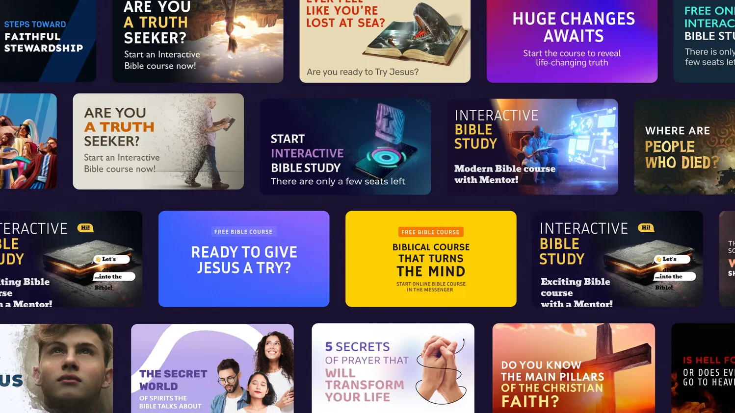 Hope.study course ads: “Interactive Bible study with a mentor”, “Where are people who died?”, “Ready to give Jesus a try?” and more