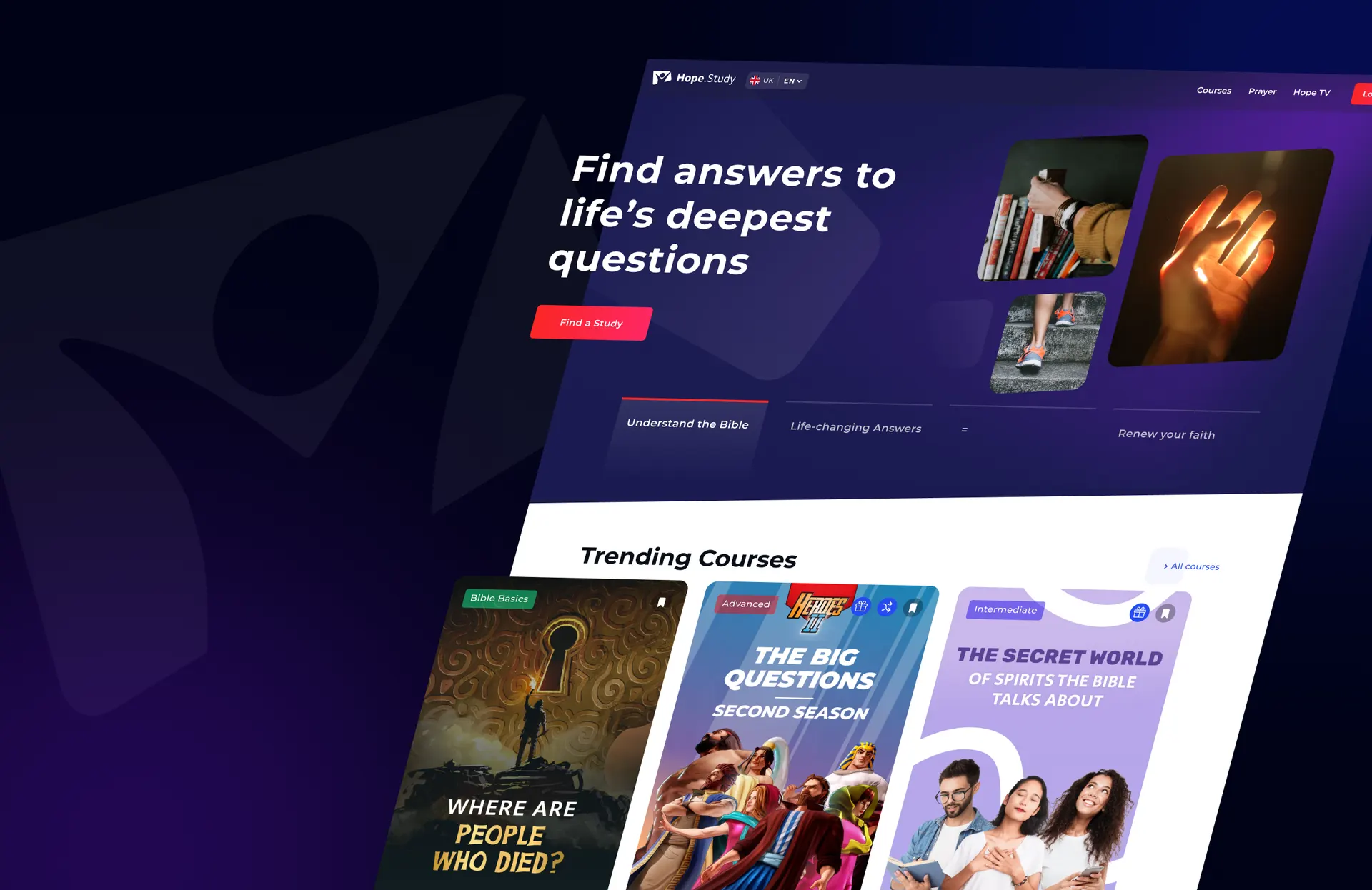 The Hope.study home page: “Find answers to life’s deepest questions” above a row of trending courses
