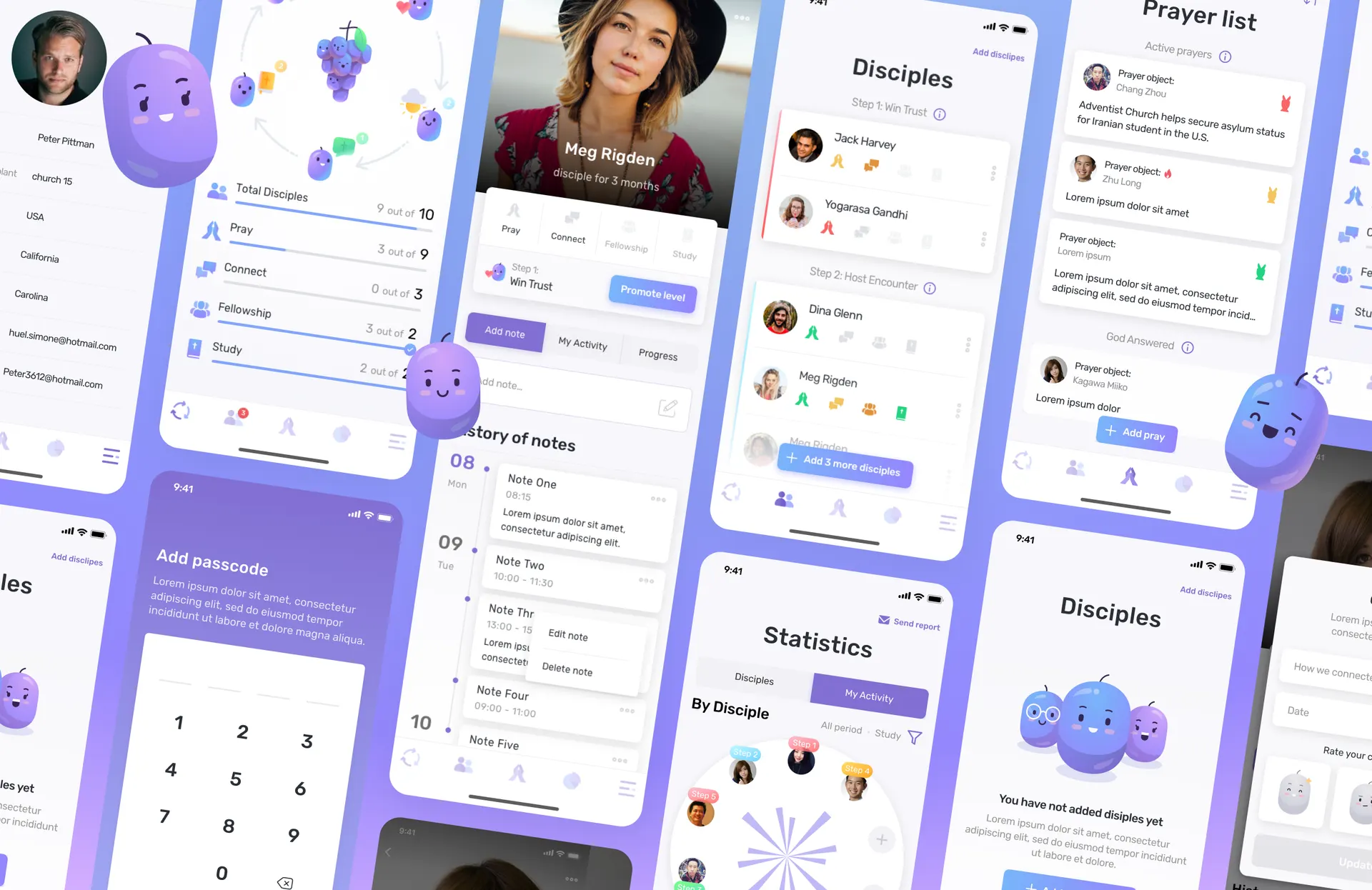My10Disciples app screens: the grape-cluster circle of ten, a disciple’s profile and notes, the disciples list by stage, a prayer list and activity statistics