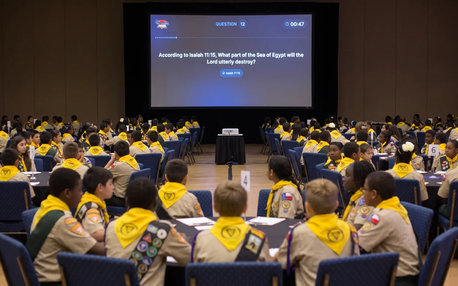 Design concept: a hall of Pathfinders at tables, with a PBE question and countdown on the big screen