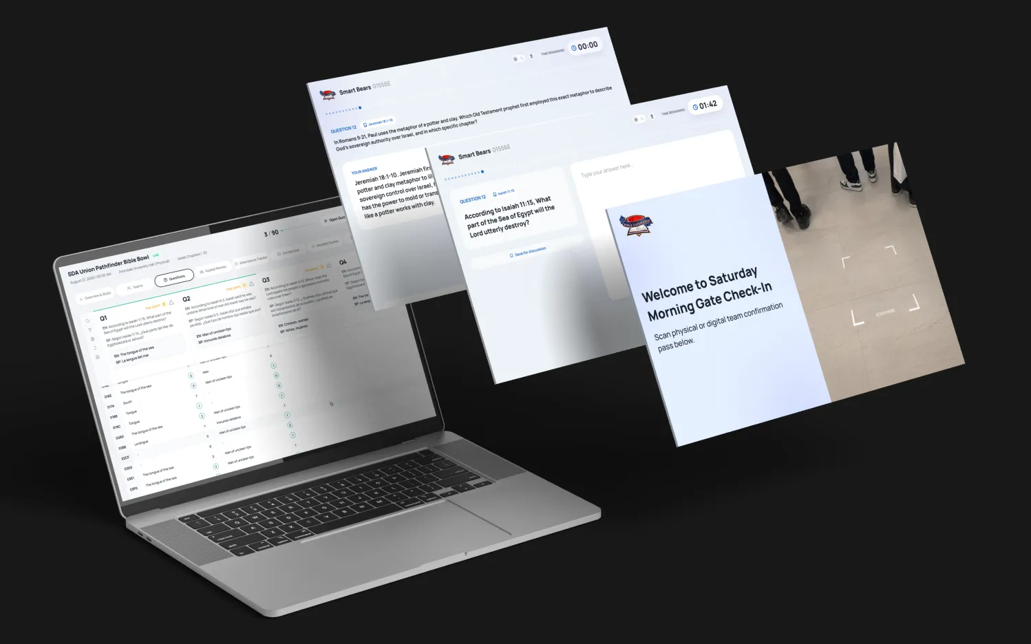 PBE design screens: judging answers question by question on a laptop, a team’s answer on a tablet, and gate check-in by scanning a pass