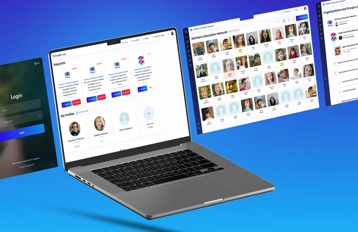 TrustLoop on a laptop and in separate screens: requests, profiles and an organisation’s members