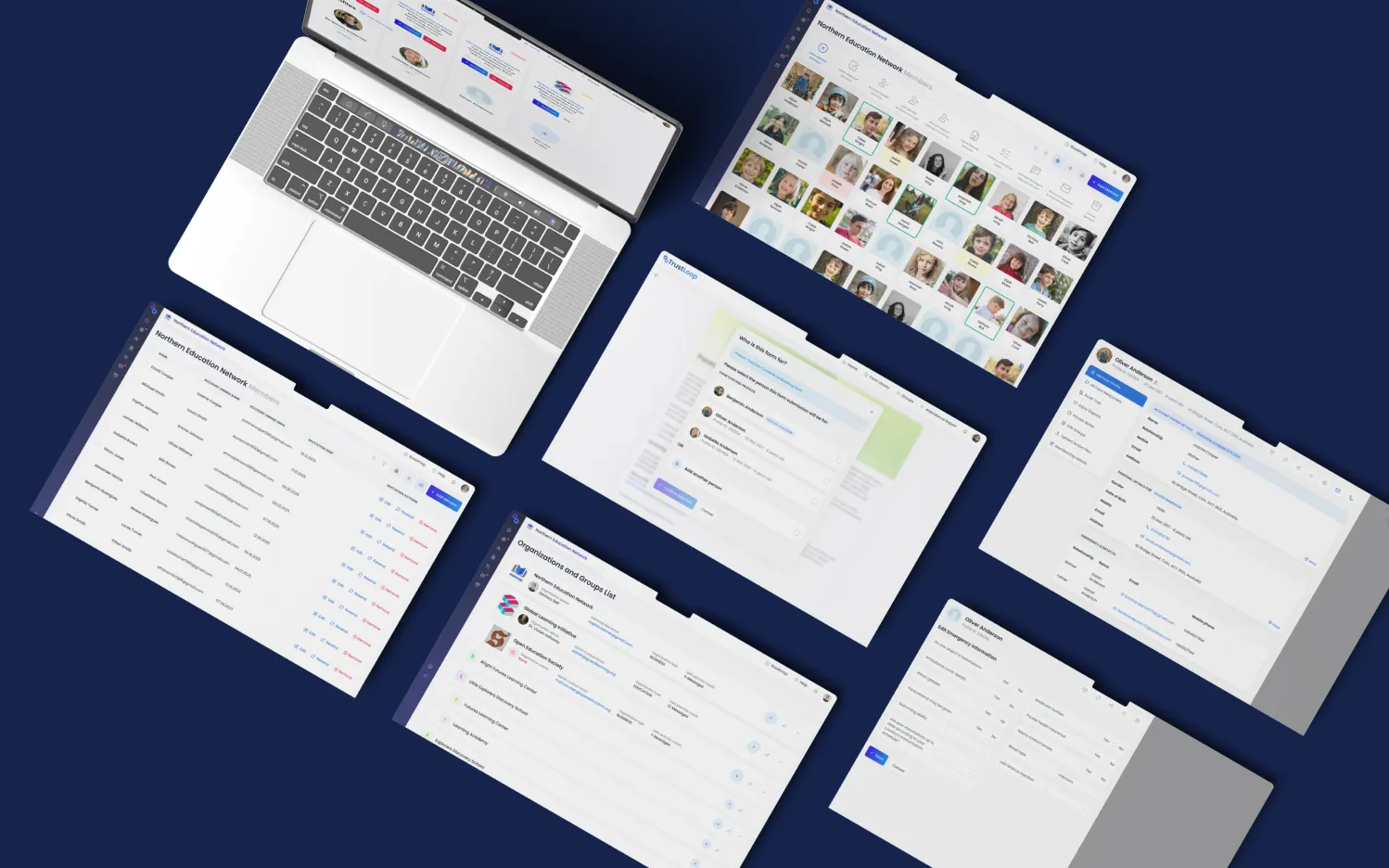 TrustLoop screens: members as photos and as a table, a “who is this form for” step, a member’s record, organisations and groups, and emergency details
