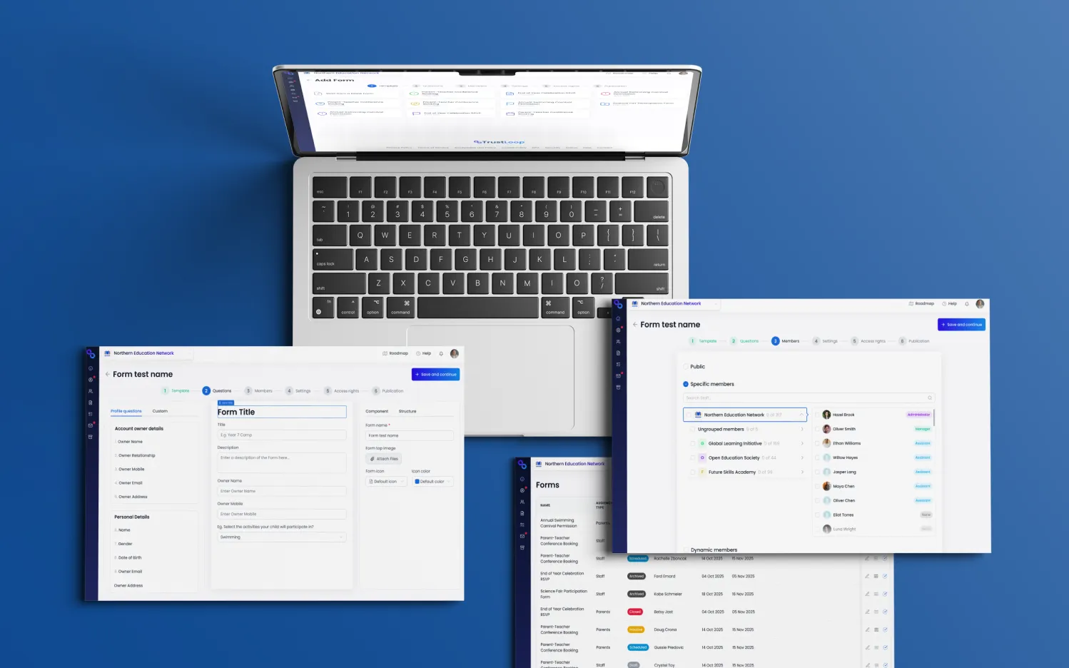 The TrustLoop form builder: building a form step by step, choosing which members it goes to, and the list of an organisation’s forms