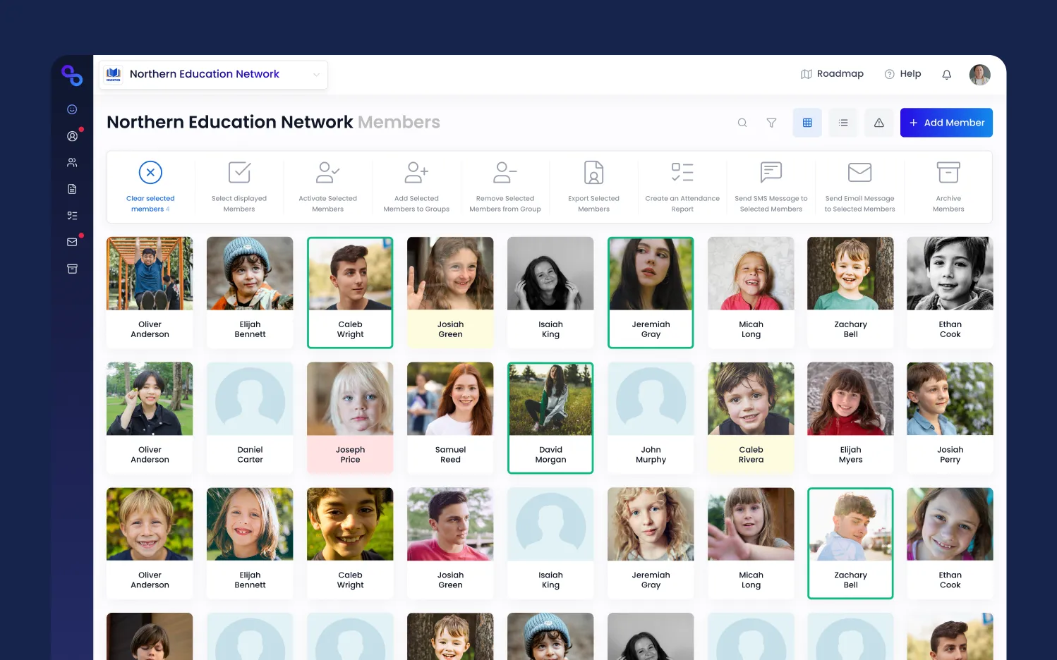 An organisation’s members in TrustLoop, with actions for attendance reports, SMS and email to the selected members