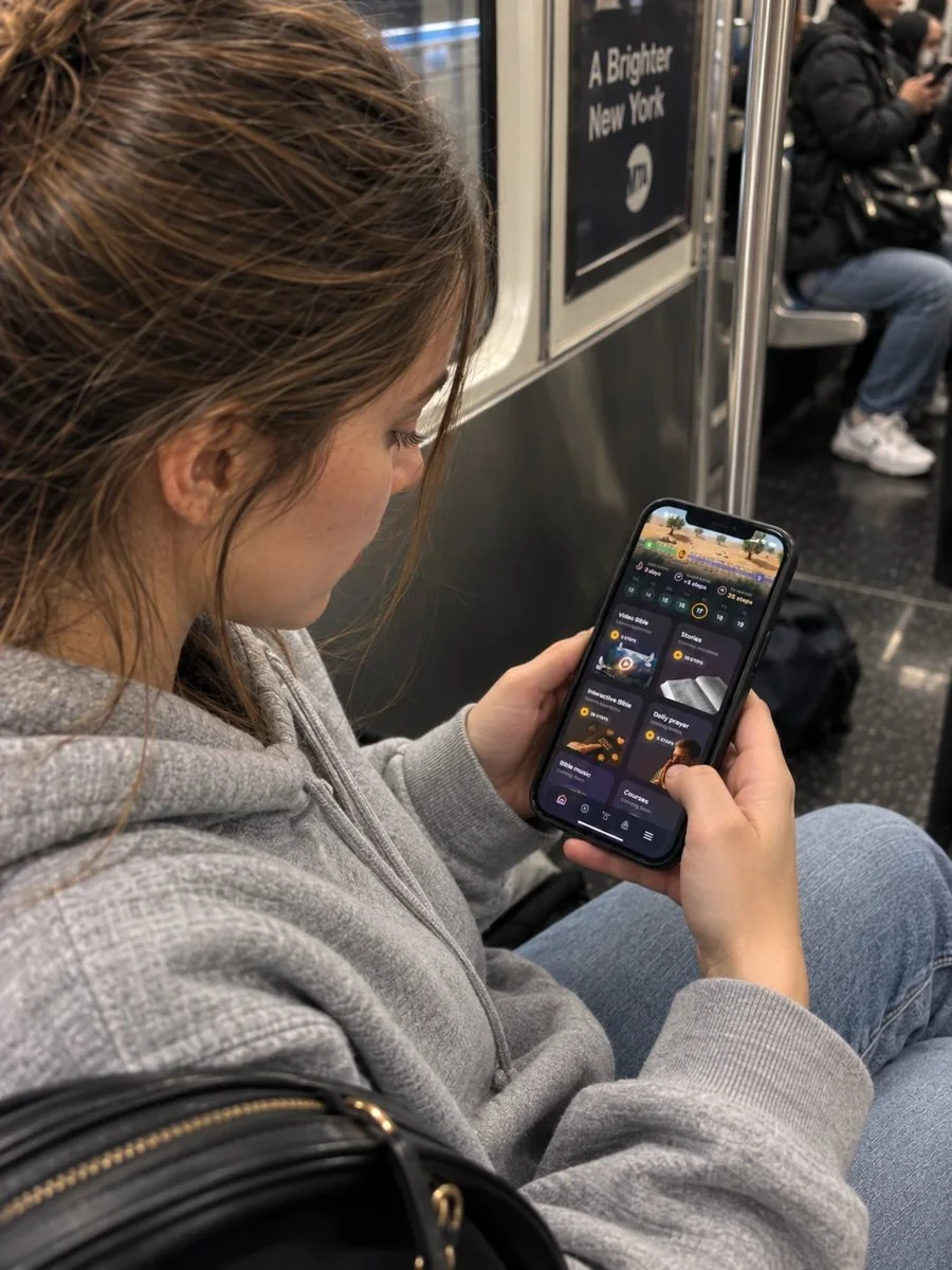 The OhMyBible app, showing interactive Bible stories and video
